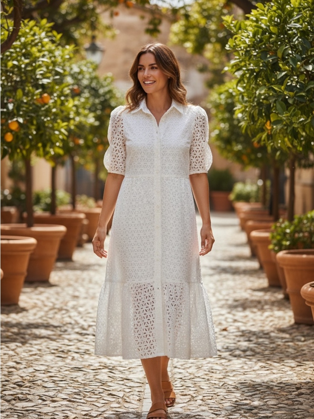 DECJUBA White Eyelet Midi Shirt Dress with Puff Sleeves